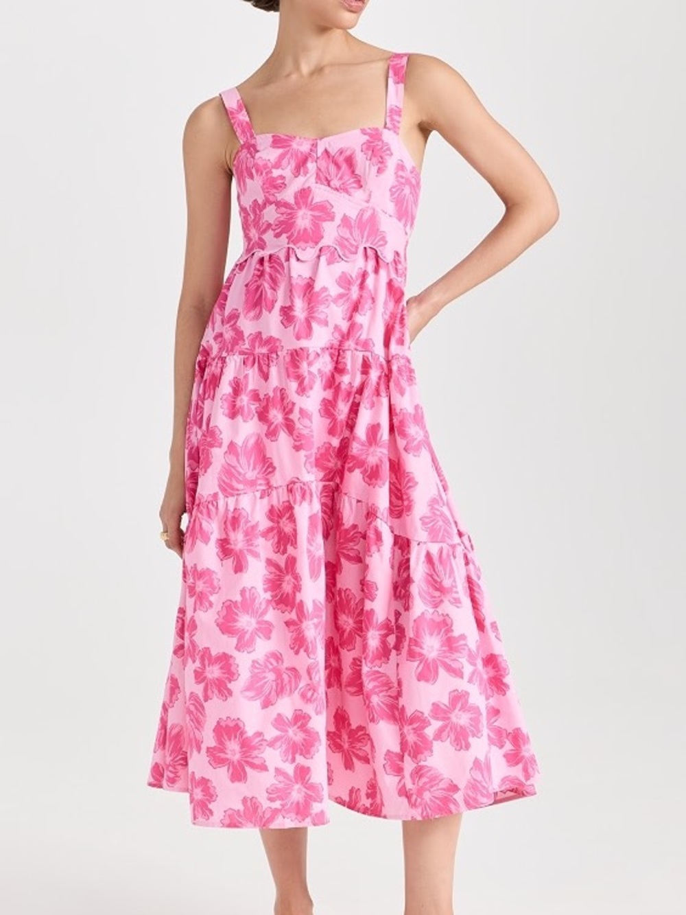Moon River Pink Floral Tiered Midi Dress with Square Neckline